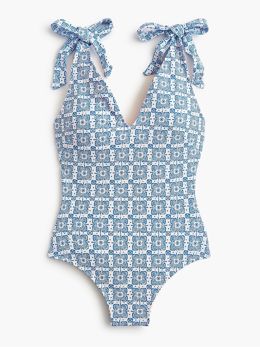 NWT! J.Crew Factory Tie-Shoulder One-Piece Swimsuit in Blue Tile Print